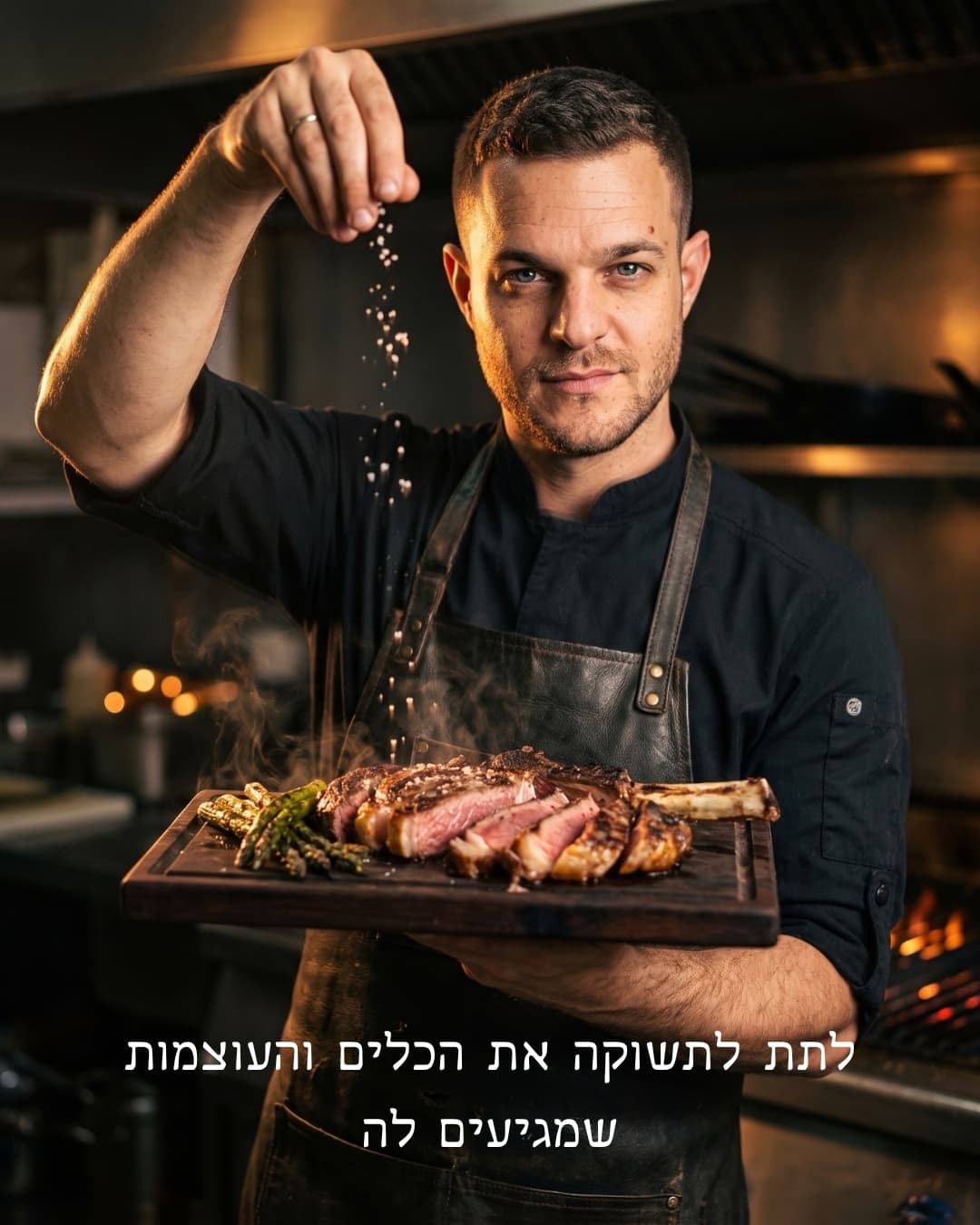 עידן בחולצת שף מפזר מלח גס על סטייק על הגריל